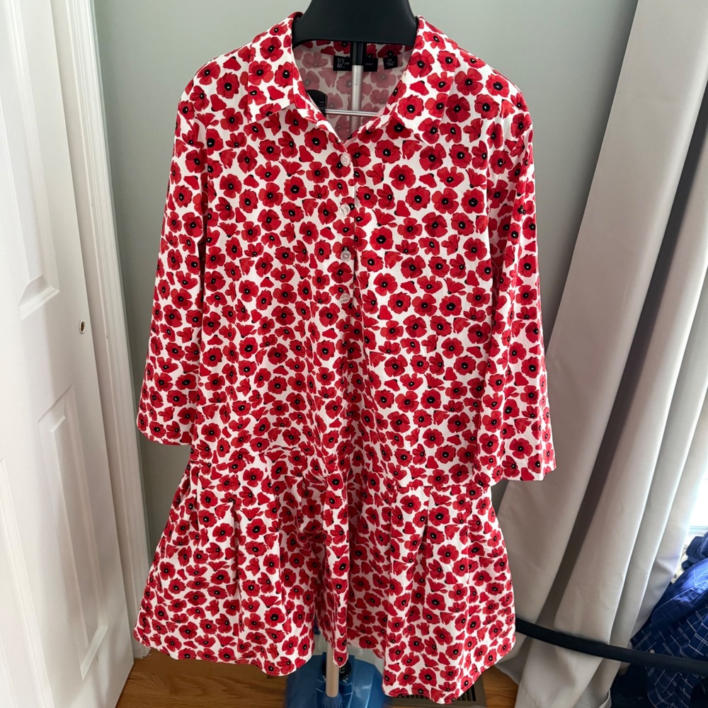 New York & Company 2X Red Floral Poppy Fit Flare Shirt Dress Feminine Babydoll